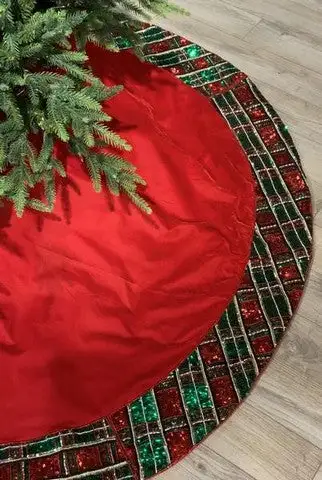 64" Red & Green Hand Beaded Plaid Tree Skirt 3 64" Red & Green Hand Beaded Plaid Tree Skirt