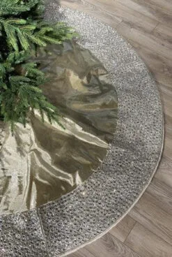 72" Platinum Metallic Dupion Jeweled Border Tree Skirt