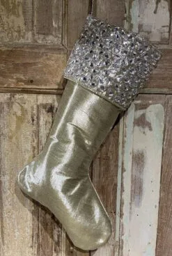 25" Platinum Metallic Dupion Jeweled Border Stocking