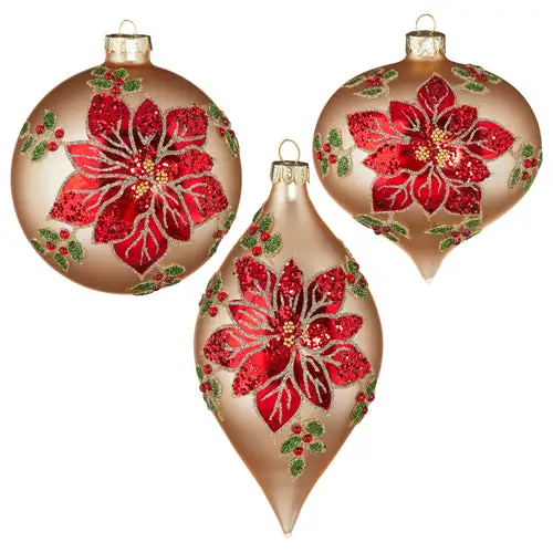 4" Decorative Poinsettia Assorted Glass Ornaments Set Of 6 3 4" Decorative Poinsettia Assorted Glass Ornaments Set Of 6