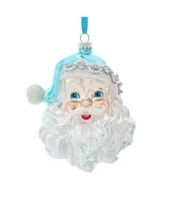 5" Arctic Blue & Silver Glass Santa Ornament Set Of 2