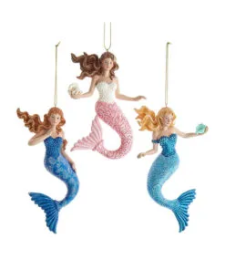 6" Mermaid With Ocean Pattern Ornament Set Of 3