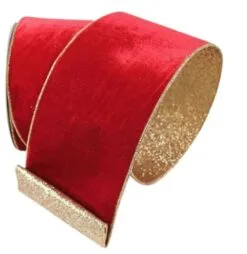 2.5" X 10 YD Red Velvet & Gold Glittered Back Ribbon